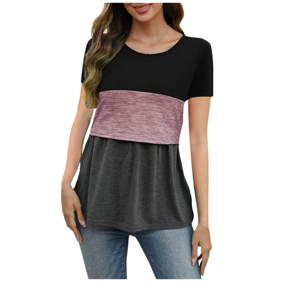 ShomPort Nursing Tshirt Color Block Maternity Short Sleeve Top for Breastfeeding Pregnancy Shirt