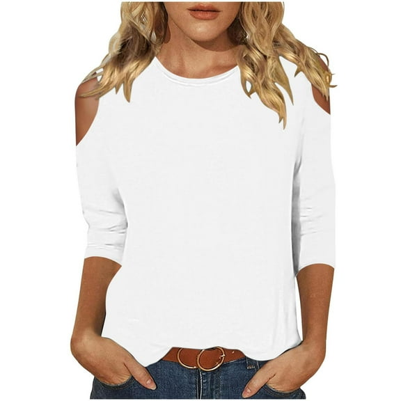 ShomPort Off Shoulder T-Shirt for Women Summer 3/4 Sleeve Basic Tunic Tops Round Neck Solid Color Pullover
