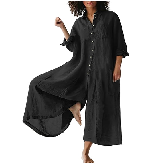 ShomPort Oversized Cotton Linen Wide Leg Jumpsuit for Women Summer Breathable Lapel Button Down Long Sleeve Rompers