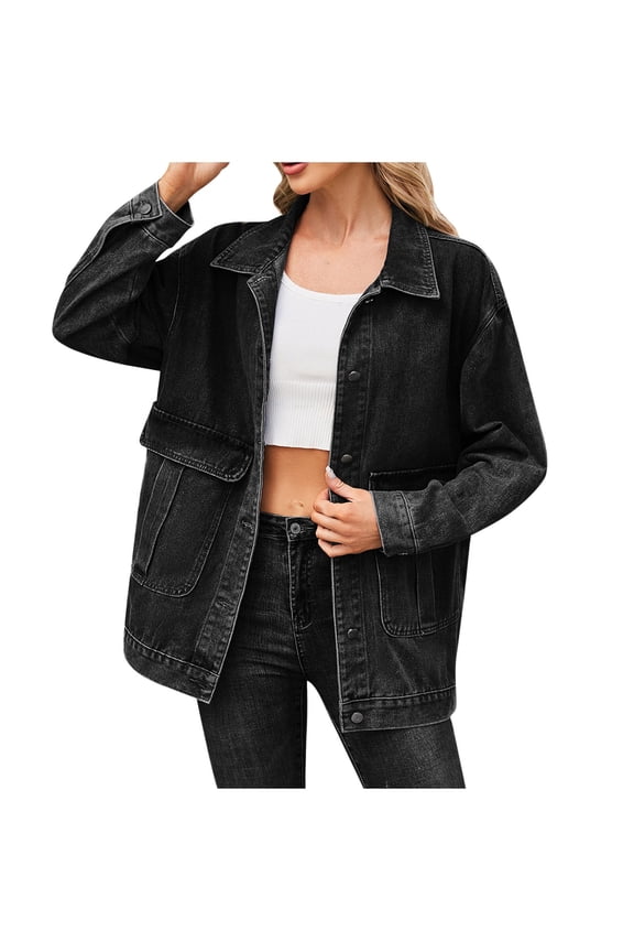 Oversized Denim Jacket for Women Casual Long Sleeve Button Down Jean Jackets Coat with Pockets