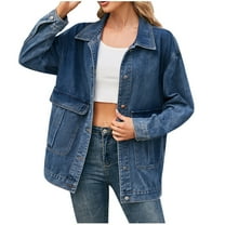 ShomPort Oversized Denim Jacket for Women Casual Long Sleeve Button Down Jean Jackets Coat with Pockets