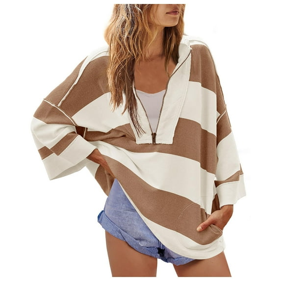 ShomPort Oversized Striped Shirts for Women Half Zip Sweatshirt 3/4 Sleeve Colorblock Pullover Tops