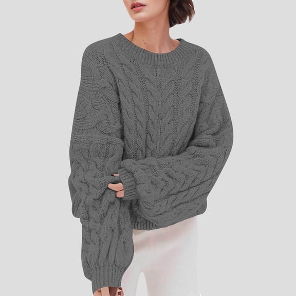 ShomPort Oversized Sweater for Womens Round Neck Long Sleeve Cable Knit Tees Tops Drop Shoulder Fall Winter Thermal Thick Blouses