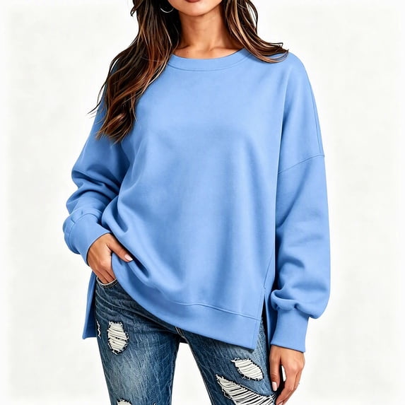 ShomPort Sweatshirt for Women Crew Neck Oversized Long Sleeve Pullover Tops Casual Side Slits Trendy Sweatshirt