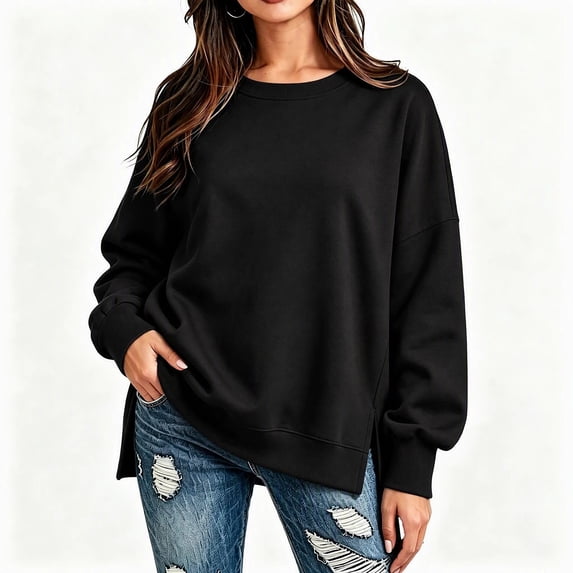 ShomPort Sweatshirt for Women Crew Neck Oversized Long Sleeve Pullover Tops Casual Side Slits Trendy Sweatshirt