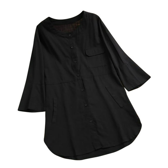 ShomPort Oversized Tshirts for Women Casual Cotton Linen Tops Blouses 3/4 Sleeve Solid Color Button Shirts Cardigan