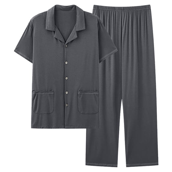 ShomPort Pajama Set for Men Turn Down Short Sleeve Cotton Breathable Loungewear Comfort Solid Color Lightweight Soft Daily Sleepwear