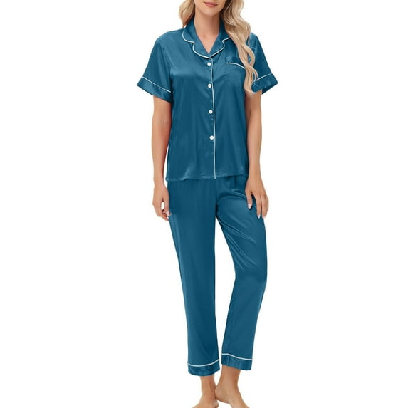 ShomPort Pajama Set for Womens Turn Down Short Sleeve Button Solid Color Comfy Pocket Loungewear Ankle Length Casual Homewear