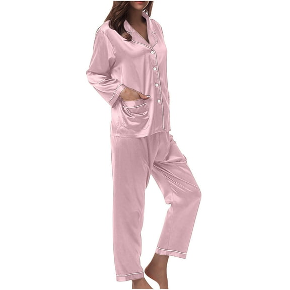 ShomPort Pajamas Sets Women's Two Piece Outfits Long Sleeve Sleepwear Satin Soft Button down Loungewear Pjs Set