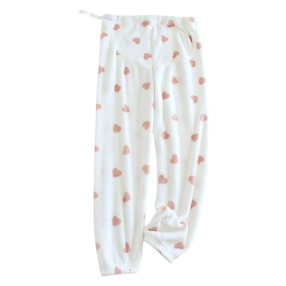 ShomPort Pajamas for Pregnancy Womens Over the Belly High Waist Heart Printed Cute Fleece Sleepwear Wide Leg Thermal Clothes