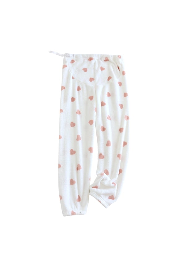 Pajamas for Pregnancy Womens Over the Belly High Waist Heart Printed Cute Fleece Sleepwear Wide Leg Thermal Clothes