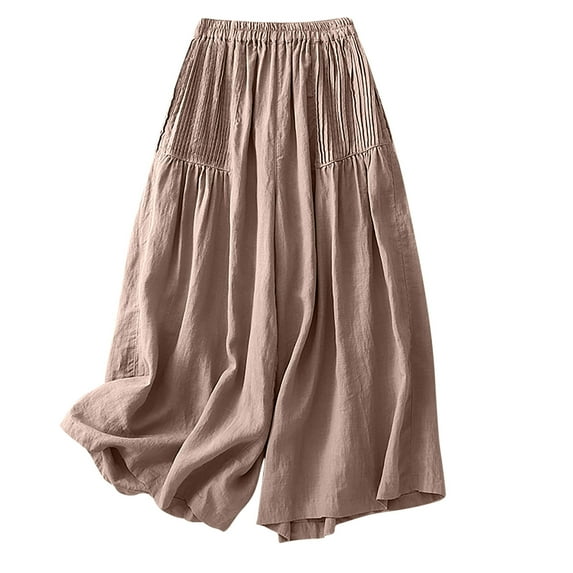 ShomPort Palazzo Pants for Women Summer Trendy Elastic High Waisted Flowy Cotton Linen Wide Leg Pants with Pockets