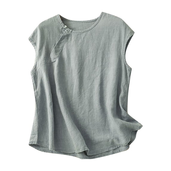 ShomPort Plain Plus Size Cotton Linen Tank Tops Summer Comfortable Round Neck Sleeveless Loose Shirts