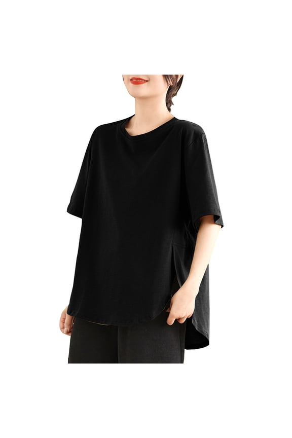 Plain T Shirts for Women Loose Round Neck Half Sleeve Tops Side Split Irregular Tee Shirts