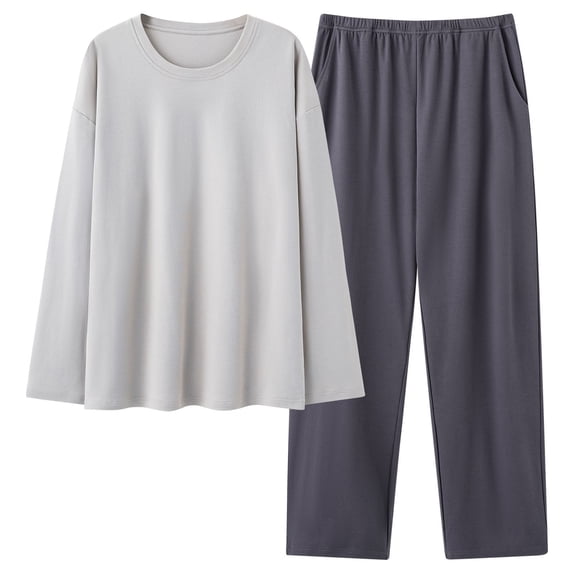 ShomPort Plus Size Pajama Set for Womens Scoop Neck Long Sleeve Pullover Cotton Color Block Outfit Smoothing Daily Loungewear