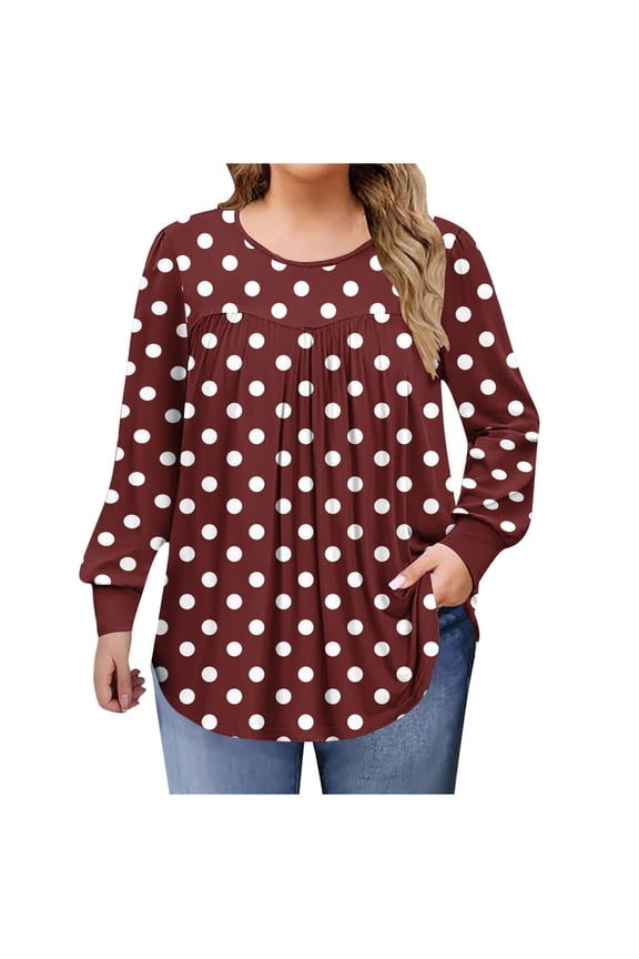 Plus Size Tops for Womens Polka Dot Printed Ruched Long Sleeve Round Collared T-Shirts Cute Cozy Daily Pullover Tees Blouses