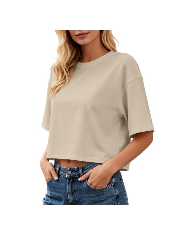 Women's Summer Tops Casual Round Neck Cropped T-Shirts Drop Shoulder Half Sleeve Oversized Basic Tees