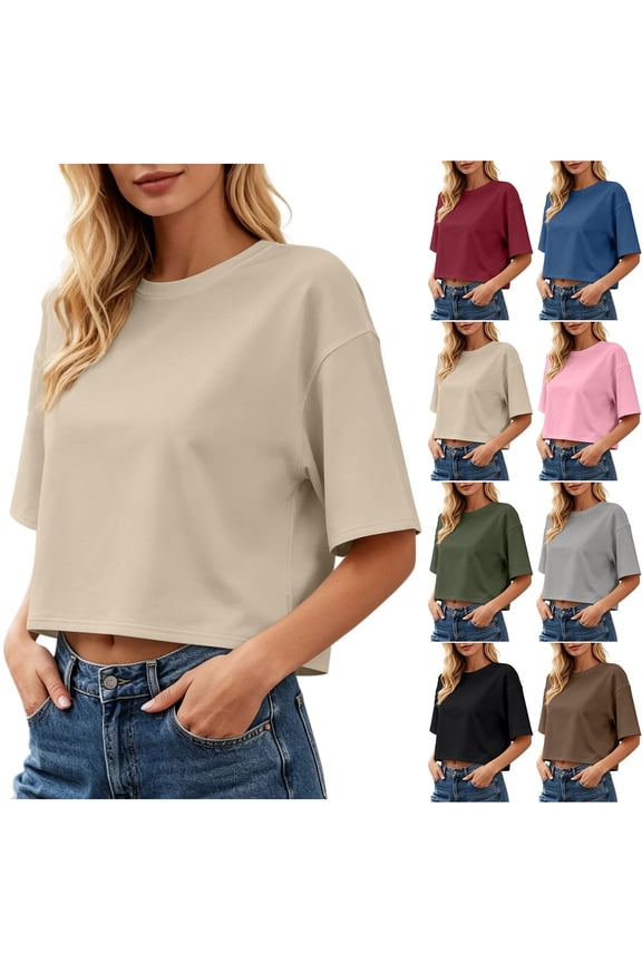 Women's Summer Tops Casual Round Neck Cropped T-Shirts Drop Shoulder Half Sleeve Oversized Basic Tees