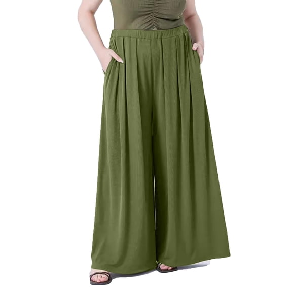 ShomPort Plus Size Wide Leg Pants for Women Casual Comfy Elastic Waist Pleated Palazzo Pants with Pockets
