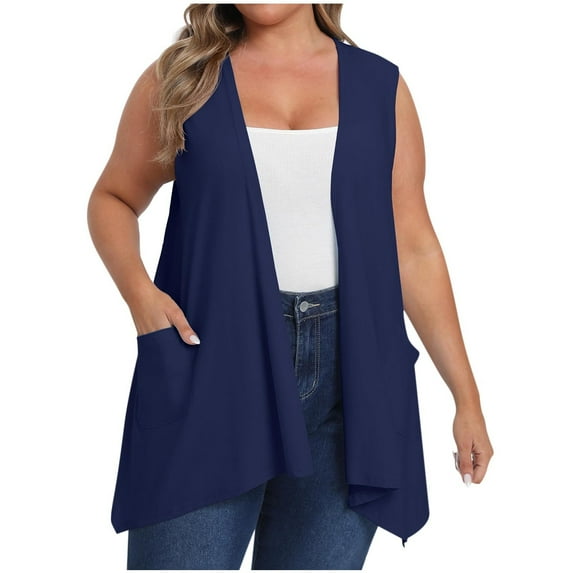 ShomPort Plus Size Women Blouses Sleeveless Open Front Cardigans with Pocket Loose Summer Casual Daily Tops