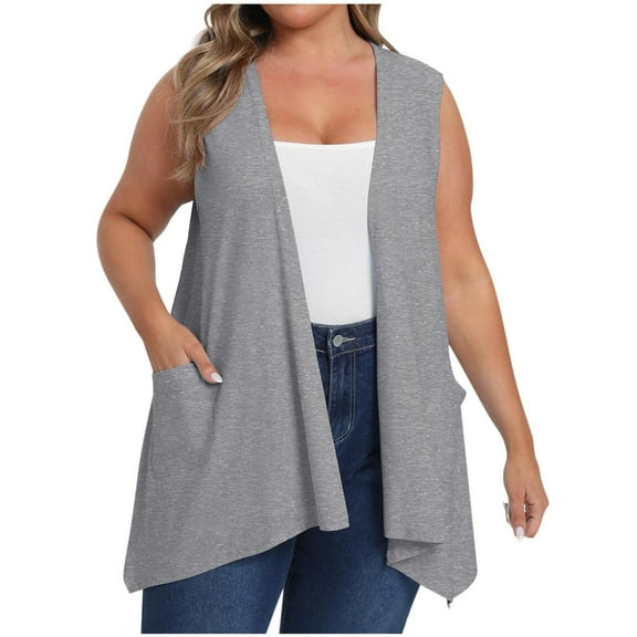 ShomPort Plus Size Women Blouses Sleeveless Open Front Cardigans with Pocket Loose Summer Casual Daily Tops