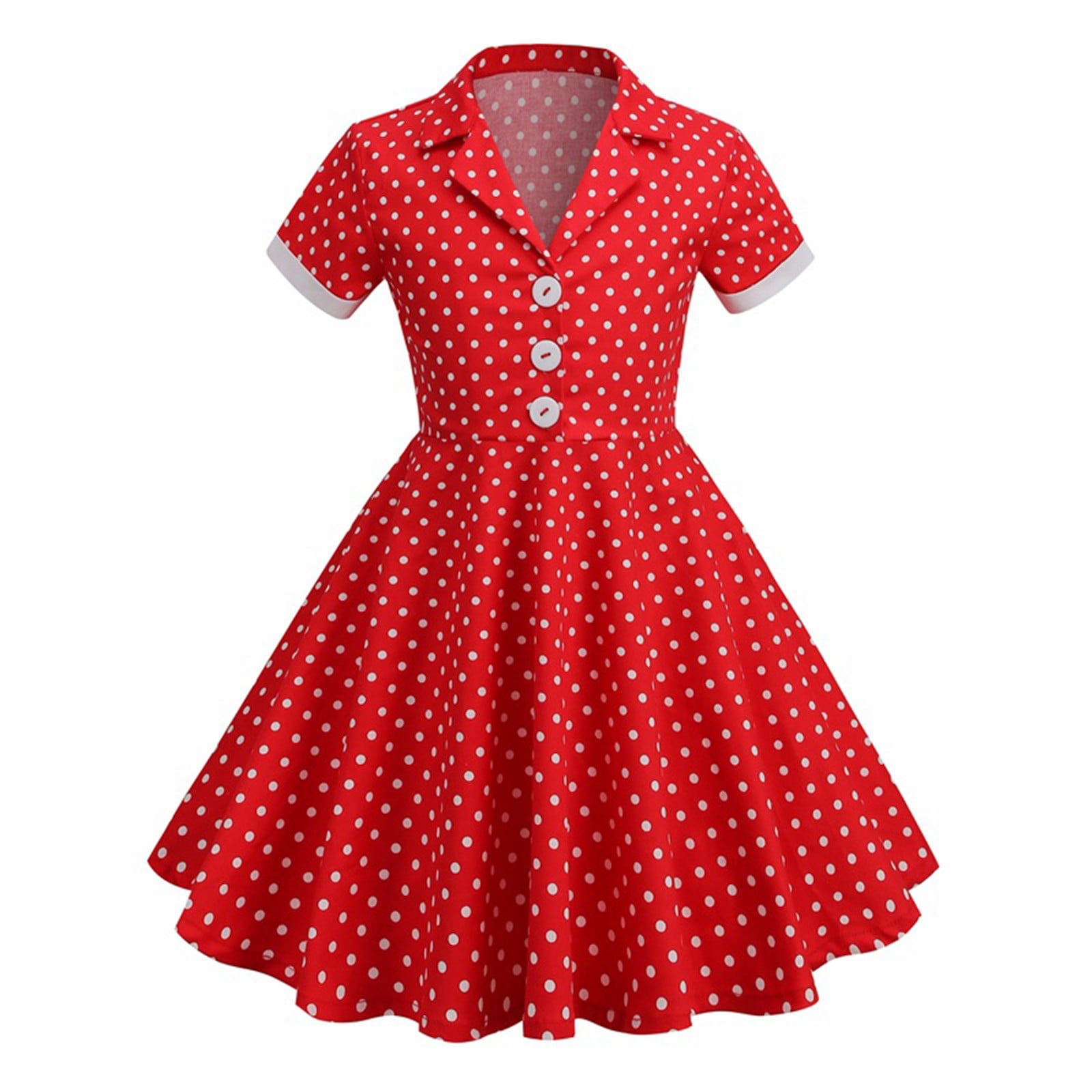 ShomPort Polka Dot Vintage Dress for Girls Cotton Lapel Button Short Sleeve  A-Line Midi Dresses 3-8 Years - Walmart.com