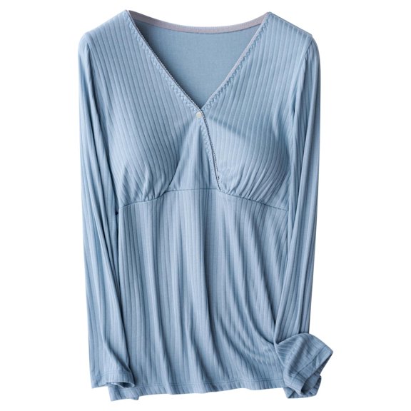 ShomPort Pregnant Womens Long Sleeve Tops Cross Front Button V-Neck Up Textured Blouses Comfort Solid Color Maternity Homewear