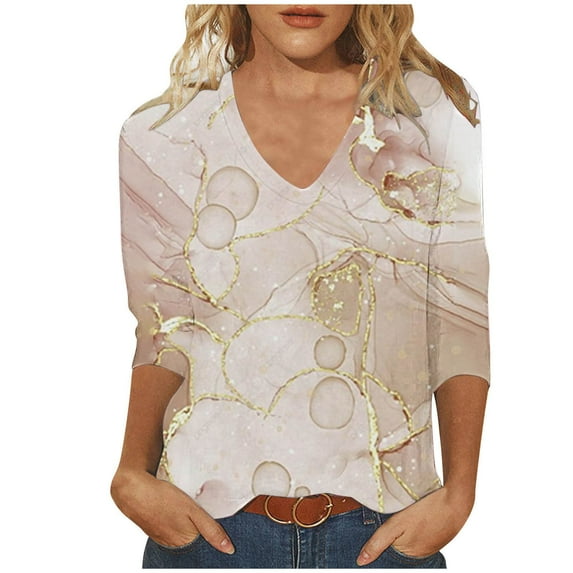 ShomPort Print Trendy Tops for Women Summer 3/4 Sleeve V-Neck Comfortable Pullovers T-Shirts
