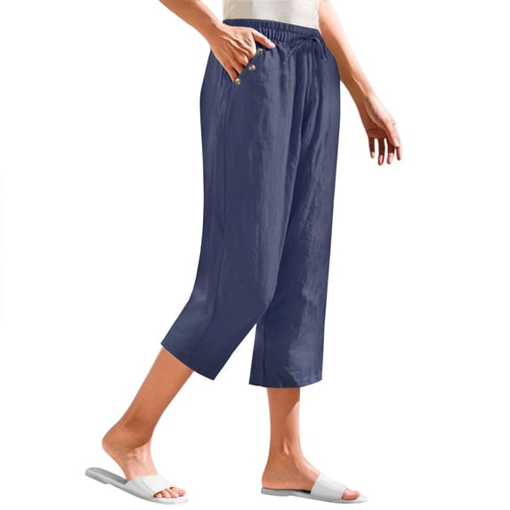 ShomPort Pull On Capris For Women Wide Leg Elastic Waist Linen Capri Pants With Drawstring Cotton Casual Breathable Cropped Trousers