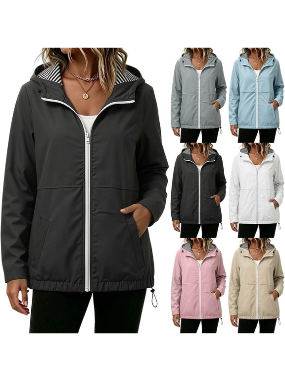 Rain Jacket for Women Casual Active Outdoor Full Zip Waterproof Raincoat Windbreaker with Pockets