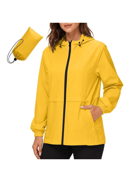 Rain Jacket for Women Packable Zipper Drawstring Hooded Trendy Loose Waterproof Jackets