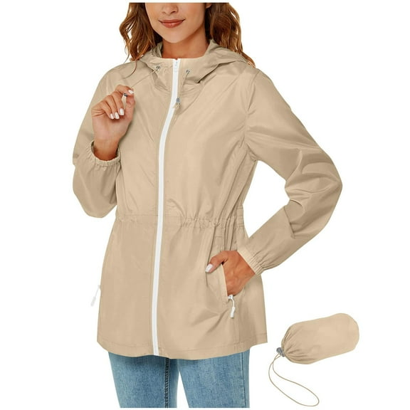 ShomPort Rain Jacket for Womens Packable Zipper Drawstring Athlesiure Hooded Trendy Slim Fitted Pockets Coat