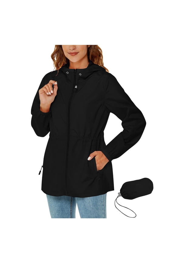Rain Jacket for Womens Packable Zipper Drawstring Athlesiure Hooded Trendy Slim Fitted Pockets Coat