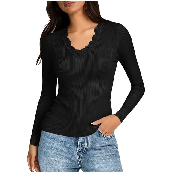 ShomPort Ribbed T-Shirts for Womens V-Neck Lace Patchwork Long Sleeve Slim Solid Color Tops Lightweight Daily Pullover Base Layer