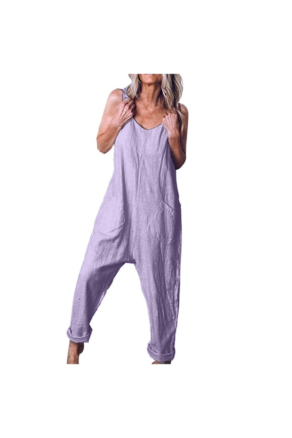 Rompers for Women Summer Casual Sleeveless Spaghetti Strap Baggy Jumpsuits Cotton Linen Comfy One Piece Rompers (4X-Large, Purple)