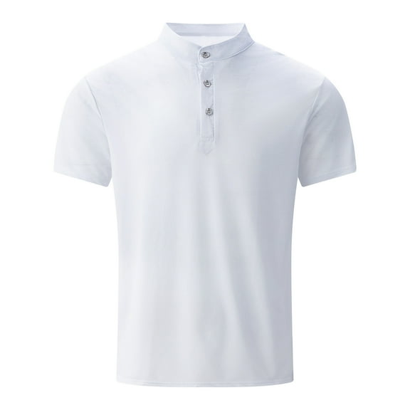 ShomPort Round Neck Short Sleeve Mens Shirt Stand-Up Collar Button Tee Shirts Fashion Causal Tops