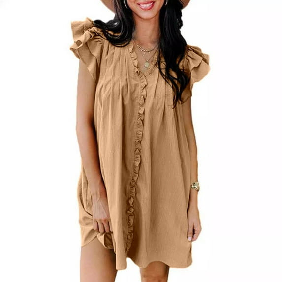 ShomPort Ruffle Sleeve Cute Dress for Women Summer Loose Mini Dresses V-Neck Pleated Sundresses