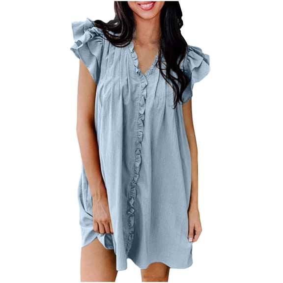 ShomPort Ruffle Sleeve Cute Dress for Women Summer Loose Mini Dresses V-Neck Pleated Sundresses