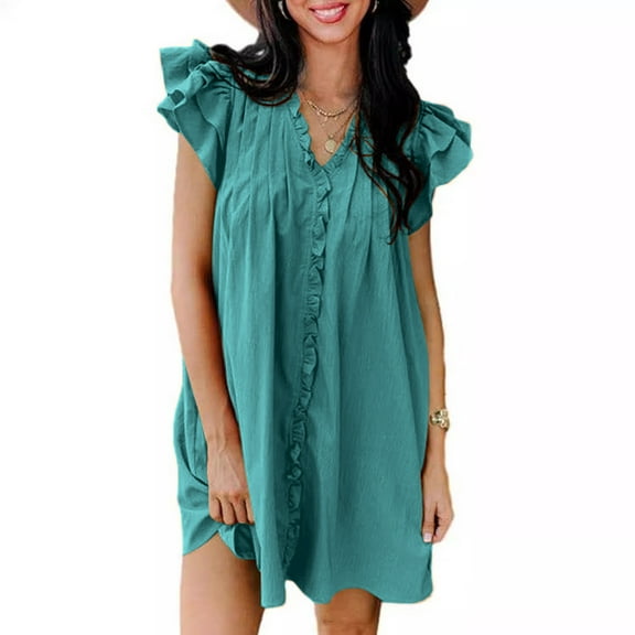 ShomPort Ruffle Sleeve Cute Dress for Women Summer Loose Mini Dresses V-Neck Pleated Sundresses