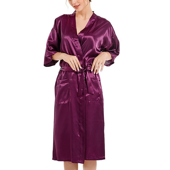 ShomPort Satin Robes for Women 3/4 Sleeve Midi Bathrobe Nightwear with Pockets Bridal Robe Loungewear M-3X