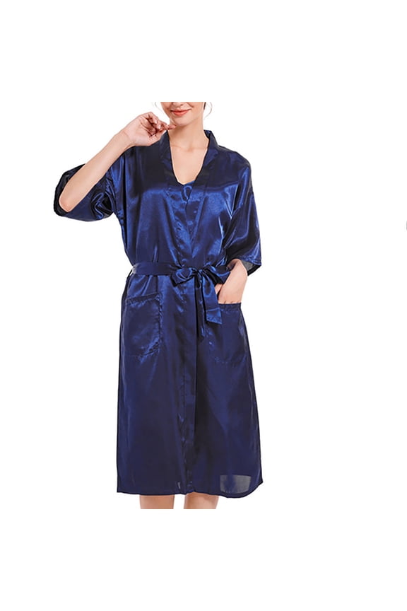 Satin Robes for Women 3/4 Sleeve Midi Bathrobe Nightwear with Pockets Bridal Robe Loungewear M-3X
