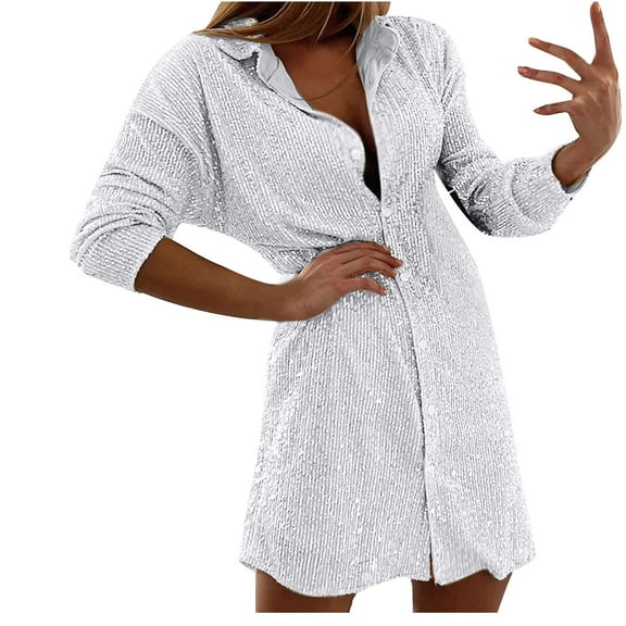 ShomPort Sequin Dress for Women Buttons V Neck Long Sleeve Sparkly Dresses Fall Fashion Cocktail Party Club Dress