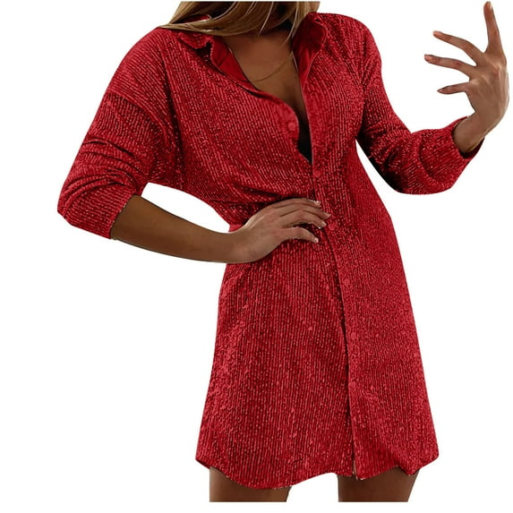 ShomPort Sequin Dress for Women Buttons V Neck Long Sleeve Sparkly Dresses Fall Fashion Cocktail Party Club Dress