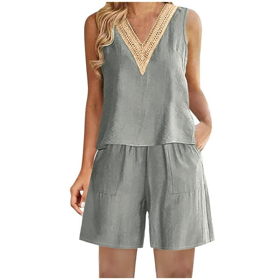 ShomPort Short Sets for Women Summer Casual Two Piece Outfits Cotton Linen Crochet V Neck Tank Tops with Wide Leg Shorts Set