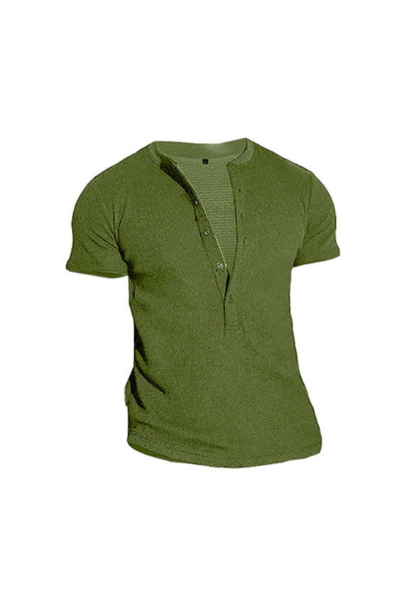 Short Sleeve Button V-Neck Mens Blouse Solid Color Collarless Shirts Summer Casual Tops