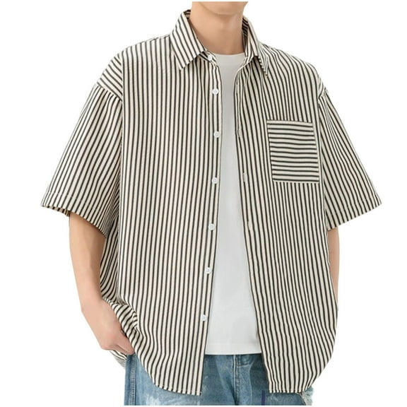 ShomPort Short Sleeve Lapel Top Stripe Pocket T-shirt for Men Summer Casual Daily Shirts