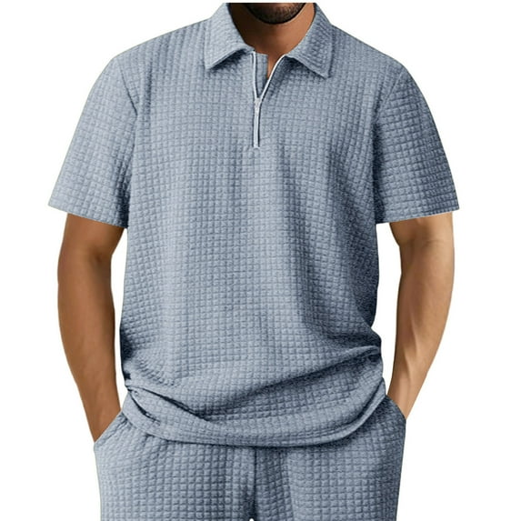 ShomPort Short Sleeve Mens T-Shirts Solid Color Lapel Tops with Zipper Texture Summer Casual Shirt