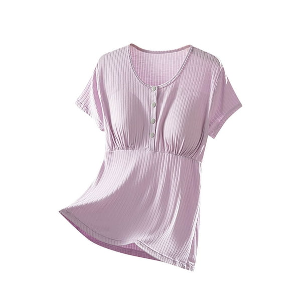 ShomPort Short Sleeve Pajamas for Womens Ribbed Half Button Crewneck Soft Loungewear with Padded Casual Lightweight Nightgown