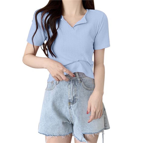 ShomPort Short Sleeve T-Shirts for Womens V-Neck Ribbed Lightweight Pullover Tees Tops Solid Color Breathable Athletic Cozy Blouses