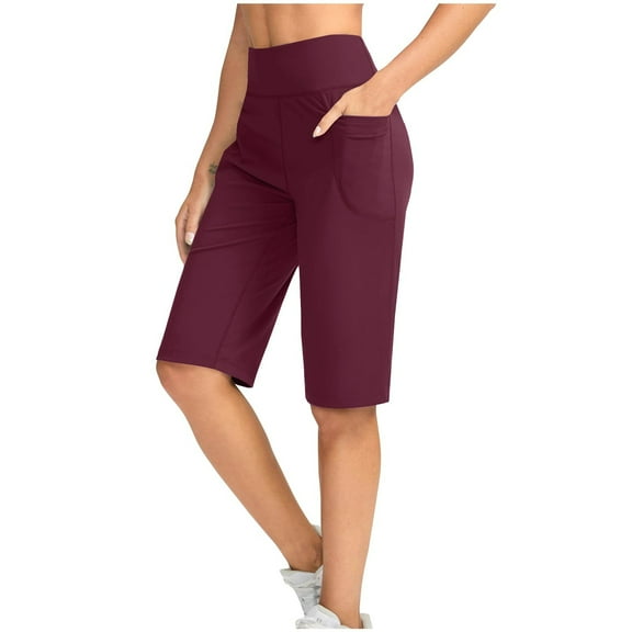 ShomPort Shorts for Women with Pockets Knee Length High Waisted Stretch Long Shorts Casual Walking Workout Cropped Pants